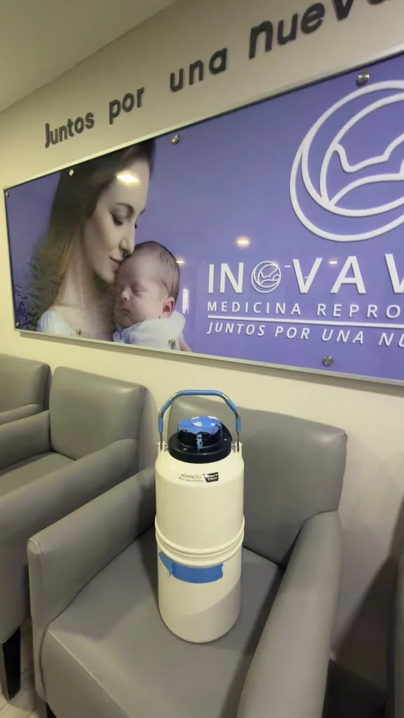 Cryogenic dry shipper at IVF clinic reception ready for coordinated specimen intake