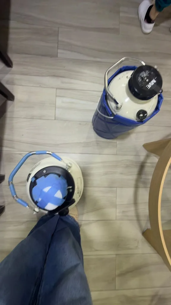 Two certified MVE Chart cryogenic dry vapor shippers prepared for clinical transport